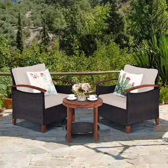 Walmart Gymax 3PCS Patio Wicker Rattan Conversation Set Outdoor Furniture Set w/ Beige Cushion offer