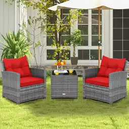 Walmart Costway 3 PCS Patio Rattan Furniture Bistro Set Cushioned Sofas Side Table Armrest Red offer