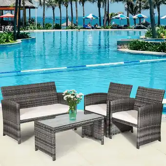 Walmart Costway 4PCS Patio Rattan Furniture Set Conversation Glass Table Top Cushioned Sofa White offer