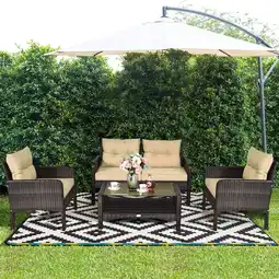 Walmart Costway 4PCS Patio Rattan Furniture Set Loveseat Sofa Coffee Table Garden W/ Cushion offer