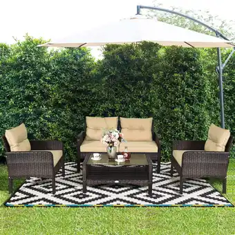 Walmart Costway 4PCS Patio Rattan Furniture Set Loveseat Sofa Coffee Table Garden W/ Cushion offer