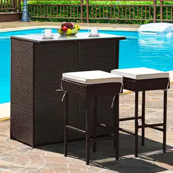 Walmart Costway 3PCS Patio Rattan Wicker Bar Table Stools Dining Set Cushioned Chairs Garden offer