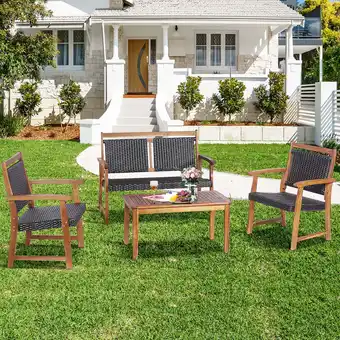 Walmart Costway 4 PCS Patio Rattan Furniture Set Acacia Wood Frame Sofa Loveseat Garden offer