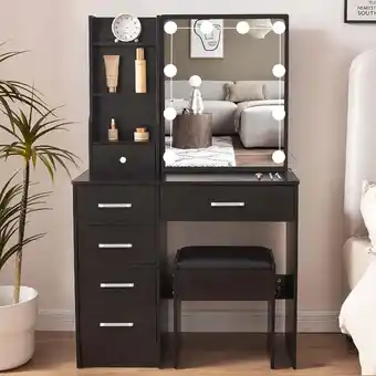 Walmart Caulitar Black Modern Makeup Vantiy Desk, Vanity Set with 10 LED Lights Mirror 6 Drawers & Stool offer