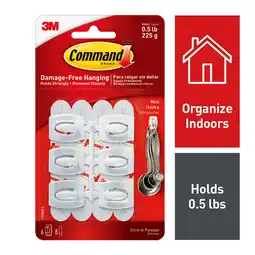 Walmart Command Mini Wall Hooks, White, Damage Free Decorating, Six Hooks and Eight Command Strips offer