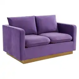 Walmart Nervo Modern Mid-Century Upholstered Velvet Loveseat with Gold Frame, Purple offer