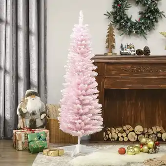 Walmart HOMCOM 5' Snow Flocked Artificial Christmas Tree Slim with Stand, Pink offer