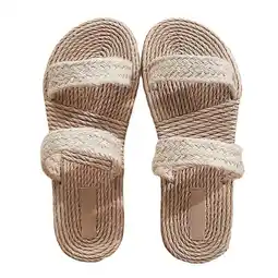 Walmart Beige Straw Slide Sandals Flat Open Toe Double Bands Casual Summer Shoes offer