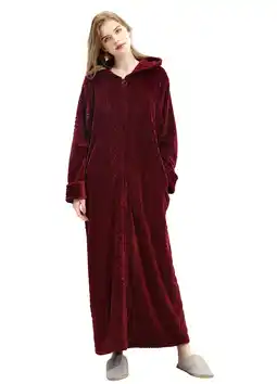 Walmart LOFIR Womens Zip Up Plush Hooded Robe - Warm Fleece Luxury Long Bathrobe for Women (S/M, Wine Red) offer