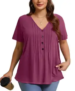 Walmart Fantaslook Plus Size Blouses for Women Pleated Button Short Sleeve Shirts Casual V Neck Tunic Tops offer