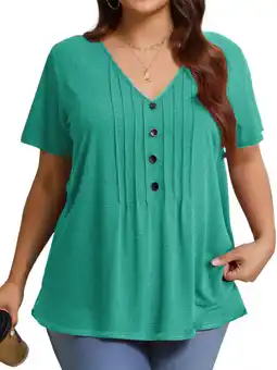 Walmart Fantaslook Plus Size Blouses for Women Pleated Button Short Sleeve Shirts Casual V Neck Tunic Tops offer