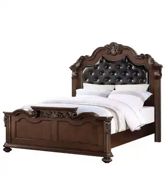 Walmart Ornated Carved & Upholstered Black PU Tufted Wooden C.Kingn Bed Dark Walnut offer