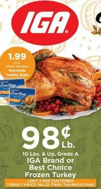 IGA IGA Brand Or Best Choice Frozen Turkey offer