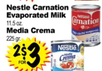 Superior Grocers Nestle Carnation Evaporated Milk 11.5 oz. Media Crema 225 gr offer