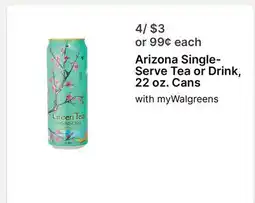 Walgreens Arizona Single-Serve Tea or Drink, 22 oz. Cans offer