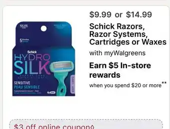 Walgreens Schick Razors, Razor Systems, Cartridges or Waxes offer