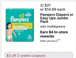 Walgreens Pampers Diapers or Easy Ups Jumbo Pack offer