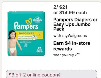 Walgreens Pampers Diapers or Easy Ups Jumbo Pack offer