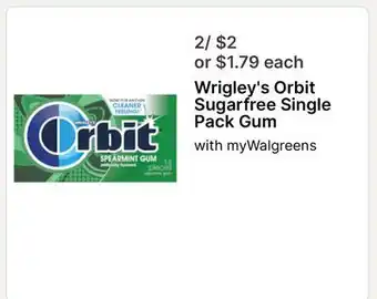 Walgreens Wrigley's Orbit Sugarfree Single Pack Gum offer