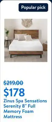 Walmart Zinus Spa Sensations Serenity 8 Full Memory Foam Mattress offer