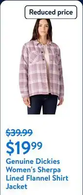 Walmart Genuine Dickies Women's Sherpa Lined Flannel Shirt Jacket offer