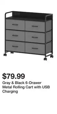 Big Lots Gray & Black 6-Drawer Metal Rolling Cart with USB Charging offer