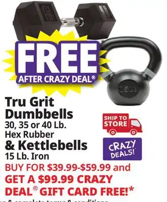 Ocean State Job Lot Tru Grit Dumbbells 30,35 or 40 Lb. Hex Rubber & Kettlebells 15 Lb. Iron offer