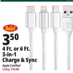 Ocean State Job Lot TechBunch 3-in-1 USB Charging Cable 4' offer