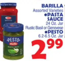 Bravo Supermarkets BARILLA PASTA SAUCE 24 Oz. Jar Rustic Basil or Genovese, PESTO 6.2-6.5 Oz. Jar offer