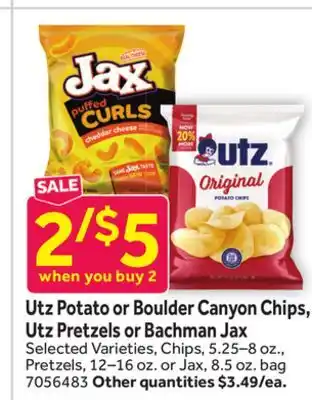 Stop&Shop Utz Potato or Boulder Canyon Chips, Utz Pretzels or Bachman Jax offer