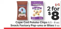 Weis Markets Cape Cod Potato Chips 6.5-8 oz Snack Factory Pop-ums or Bites 9 oz offer