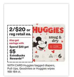 CVS Huggies bagged diapers, Pull-Ups, Goodnites or Huggies wipes 168-184 ct offer