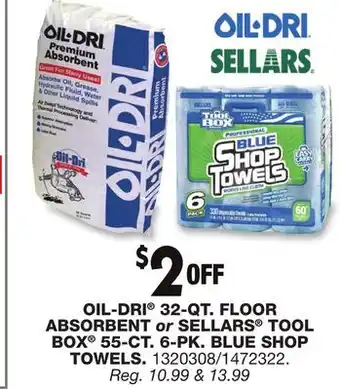 Blain's Farm & Fleet OIL-DRI 32-QT. FLOOR ABSORBENT or SELLARS TOOL BOX 55-CT. 6-PK. BLUE SHOP TOWELS offer