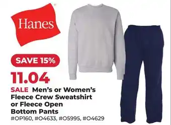 Runnings Hanes Men's or Women's Fleece Crew Sweatshirt or Fleece Open Bottom Pants offer