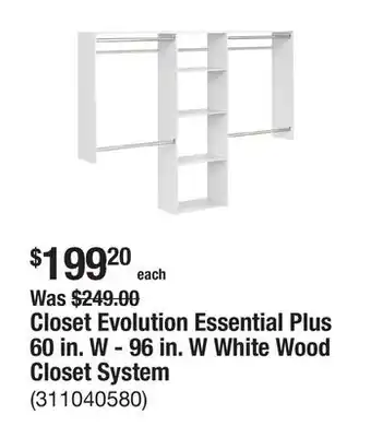 The Home Depot Closet Evolution Essential Plus 60 in. W - 96 in. W White Wood Closet System offer