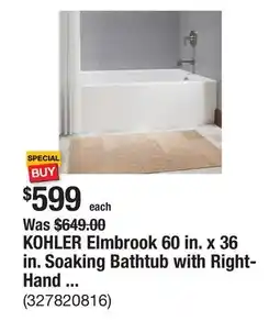 The Home Depot KOHLER Elmbrook 60 in. x 36 in. Soaking Bathtub with Right-Hand Drain in White offer