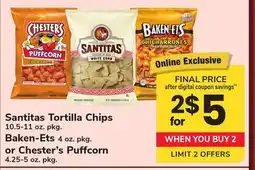 ACME Santitas Tortilla Chips 10.5-11 oz. pkg. Baken-Ets 4 oz. pkg. or Chester's Puffcorn 4.25-5 oz. pkg offer