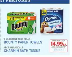 Kings Food Markets 6 CT. DOUBLE PLUS ROLLS BOUNTY PAPER TOWELS 12 CT. MEGA ROLLS CHARMIN BATH TISSUE offer