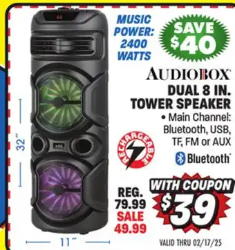 Big 5 Audiobox Dual 8 Woofer Rechargeable Tower Speaker offer