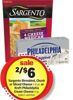 Meijer Sargento Shredded, Chunk or Sliced Cheese 5-8 oz. or Kraft Philadelphia Cream Cheese 8 oz offer