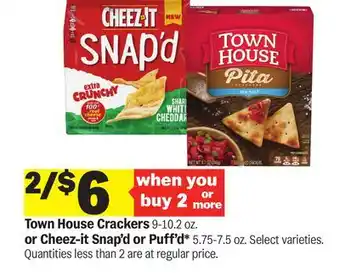 Meijer Town House Crackers 9-10.2 oz. or Cheez-it Snap'd or Puff'd 5.75-7.5 oz offer