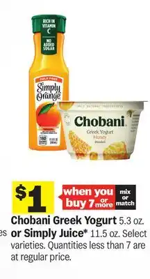 Meijer Chobani Greek Yogurt 5.3 oz. or Simply Juice* 11.5 oz offer