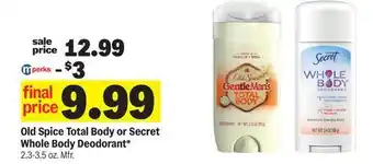 Meijer Old Spice Total Body or Secret Whole Body Deodorant offer