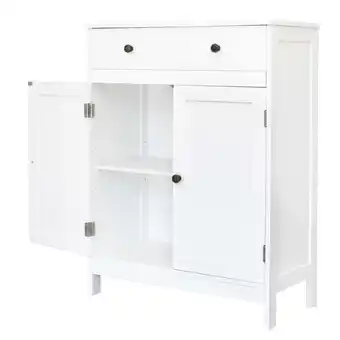 Walmart Zimtown White Wooden 2-Door Bathroom Cabinet Storage Organizer with 2 Shelves& 1 Drawer Freestanding offer