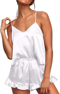 Walmart Women's Sexy Silk Satin Ruffled Pajamas Sets Cami Shorts Sets Sleepwear, White offer