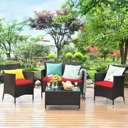 Walmart Costway 4PCS Rattan Patio Furniture Set Cushioned Sectional Sofa Chair Coffee Table Red offer