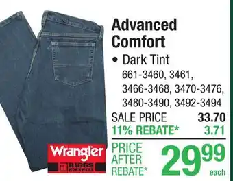 Menards Wrangler Riggs Workwear 32 x 30 Dark Tint Men's Advanced Comfort Five Pocket Denim Jeans offer