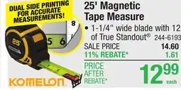 Menards Komelon 25' Magnetic Contractor TS Tape Measure offer