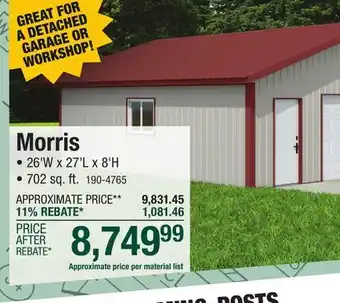 Menards Morris Post Frame Building 26'W x 27'L x 8'H Material List offer