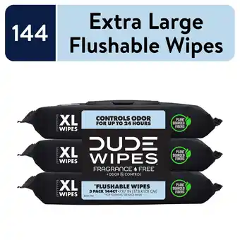 Walmart DUDE Wipes Fragrance Free Plus Odor Control, XL Wet Wipes, 48 Count, 3 Pack offer